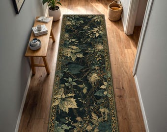 Dark Botanical Runner Rug, Forest Green Vintage Foliage Hallway Runner, Moody Cottagecore Witchy Decor, Gold Ornate Border Kitchen Carpet