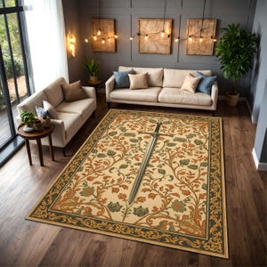 May include: A rectangular area rug with a cream background and a repeating floral pattern in shades of green, orange, and brown. A large silver sword is placed diagonally across the rug. The rug has a dark green border.