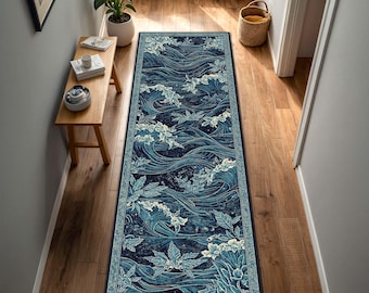 Japanese Wave Hallway Runner Rug, Blue Ocean Style Entryway Carpet, Vintage Ukiyoe Inspired Long Runner for Coastal Home Accent Decor
