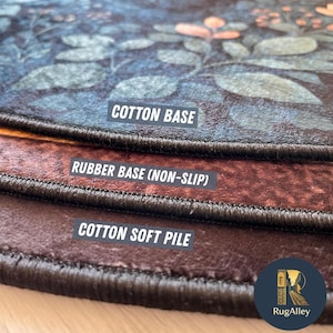 Puede incluir: Primer plano de la construcci&oacute;n en capas de una alfombra. La capa superior presenta un dise&ntilde;o floral, seguida de una base de goma antideslizante y un pelo suave de algod&oacute;n. Los textos "COTTON BASE" y "COTTON SOFT PILE" son visibles.