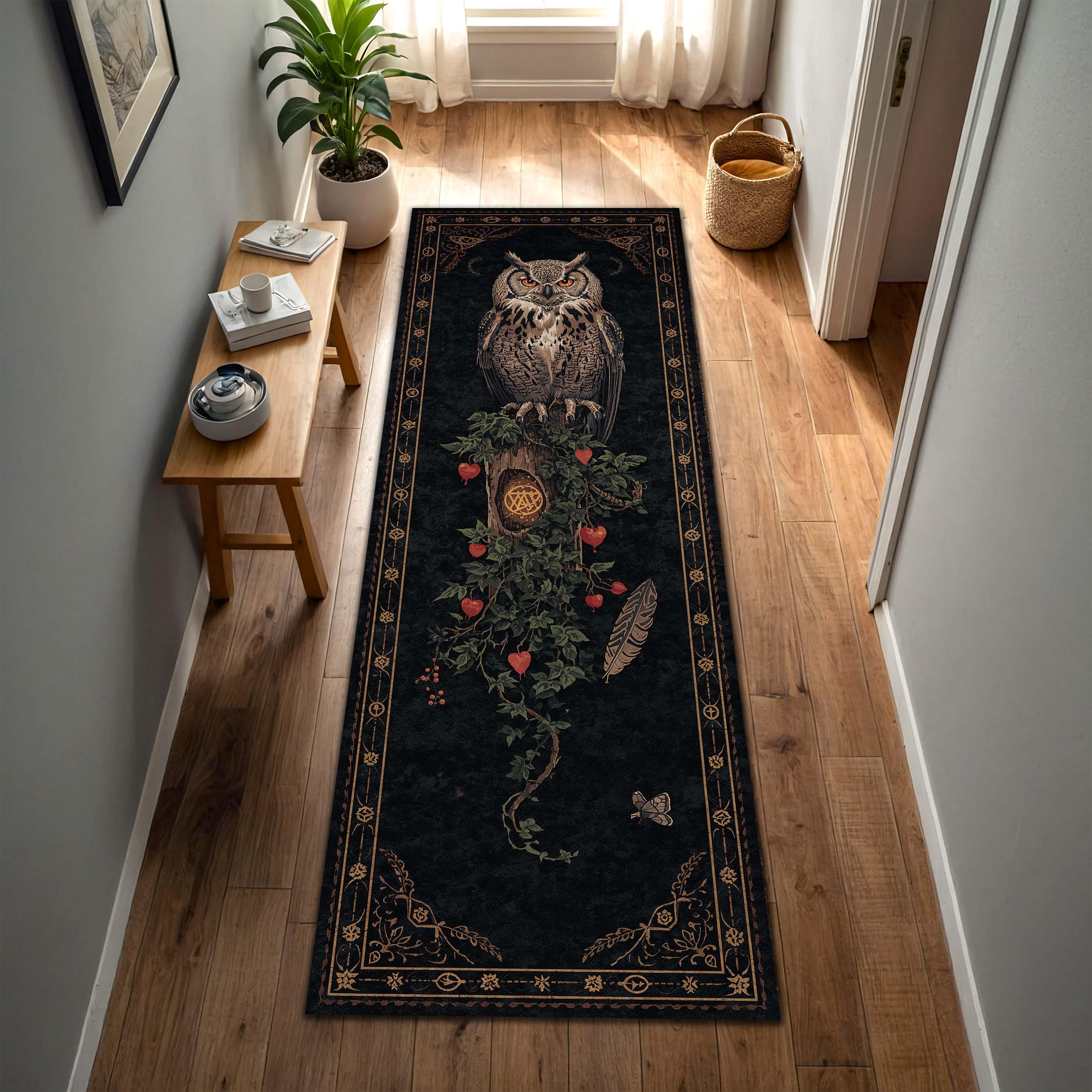 Owl Runner Rug Dark Academia Hallway Carpet, Gothic Botanical Vine Print, Witchy Entryway Floor Mat,