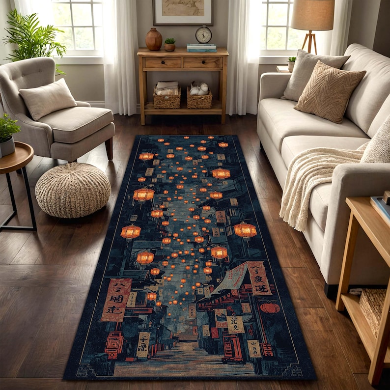 Puede incluir: Una alfombra rectangular que representa una escena callejera nocturna iluminada por faroles. La alfombra tiene un fondo azul oscuro con una ilustraci&oacute;n de edificios y faroles en tonos naranja y rojo. La alfombra est&aacute; colocada sobre un suelo de madera.