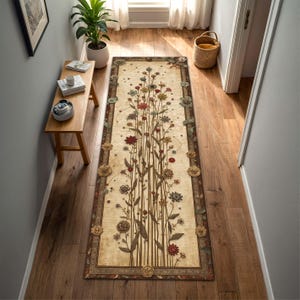 May include: A rectangular beige runner rug with a floral design. The rug features a central arrangement of tall, thin stems with various flowers in red, blue, and yellow. The border has a repeating pattern of floral medallions.
