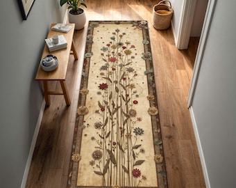 Alfombra vintage con diseño floral botánico para pasillo, estilo bohemio beige, para entrada, larga y estrecha, para cocina, con acento decorativo para el hogar.