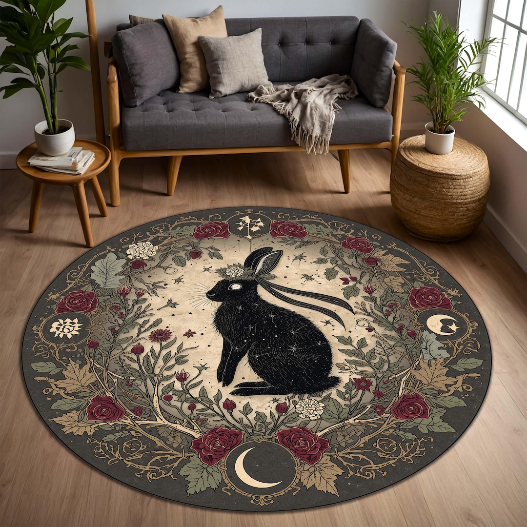 Gothic Rabbit Round Area Rug, Black Bunny Floral Wreath Carpet With ...