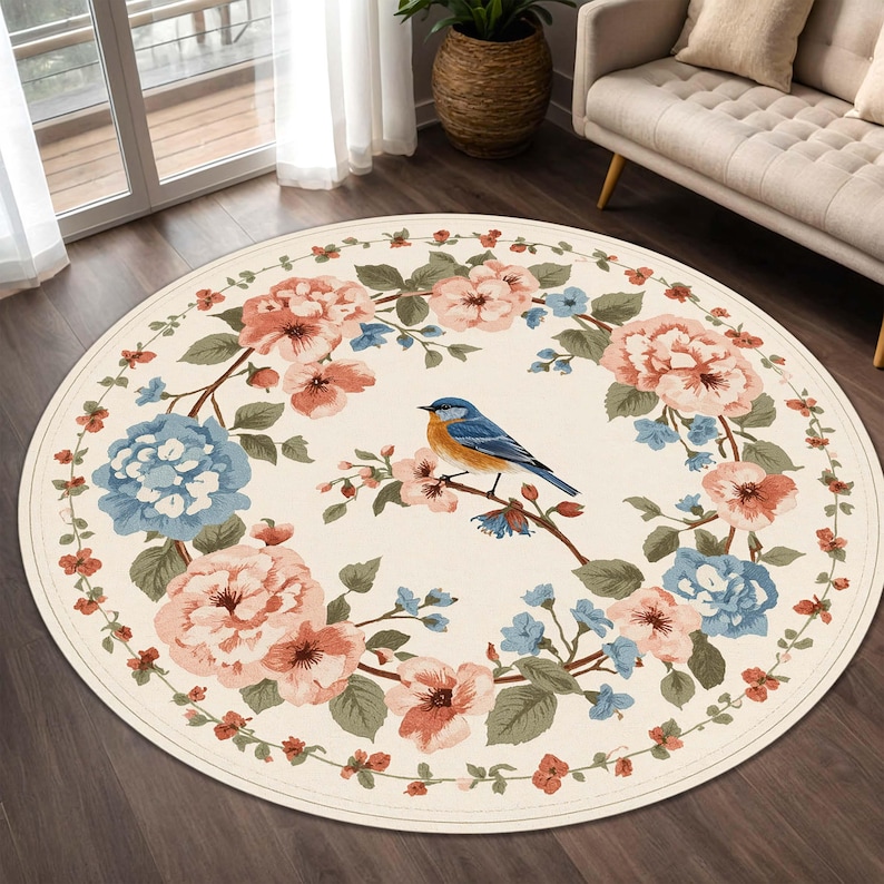 Cottagecore Bluebird Floral Round Rug, Vintage Botanical Wreath Circle ...