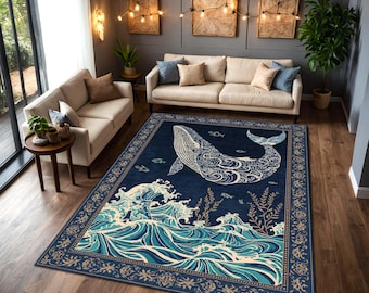 Blue Whale Ocean Area Rug, Nautical Coastal Living Room Carpet, Sea Wave Marine Floor Decor, Beach House Bedroom Accent Rug for Nursery