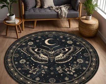 Celestial Moth Moon Round Rug, Gothic Dark Academia Witchy Decor, Lunar Botanical Astrology Carpet, Mystic Black Gold Round Area Rug