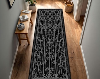 Alfombra gótica de hierro forjado, estilo barroco victoriano negro, lavable, para entrada, cocina, decoración de Castlecore Dark Academia