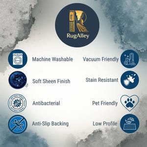 Puede incluir: Gr&aacute;fico con el logotipo de RugAlley e iconos que indican caracter&iacute;sticas como lavable a m&aacute;quina, apto para aspiradora, acabado de brillo suave, resistente a las manchas, antibacteriano, apto para mascotas, respaldo antideslizante y perfil bajo.