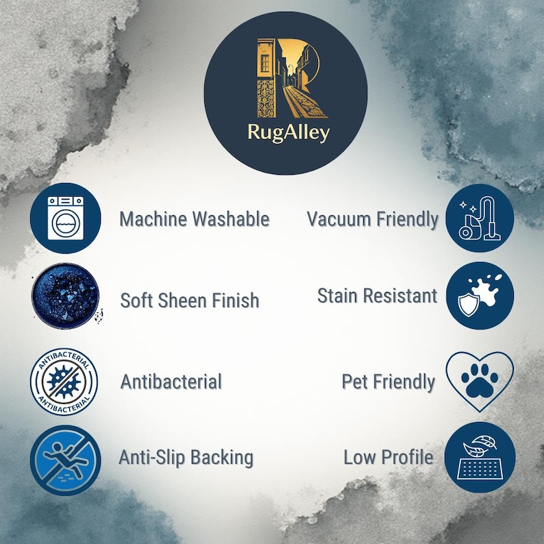 Puede incluir: Gr&aacute;fico con el logotipo de RugAlley e iconos que indican caracter&iacute;sticas como lavable a m&aacute;quina, apto para aspiradora, acabado de brillo suave, resistente a las manchas, antibacteriano, apto para mascotas, respaldo antideslizante y perfil bajo.