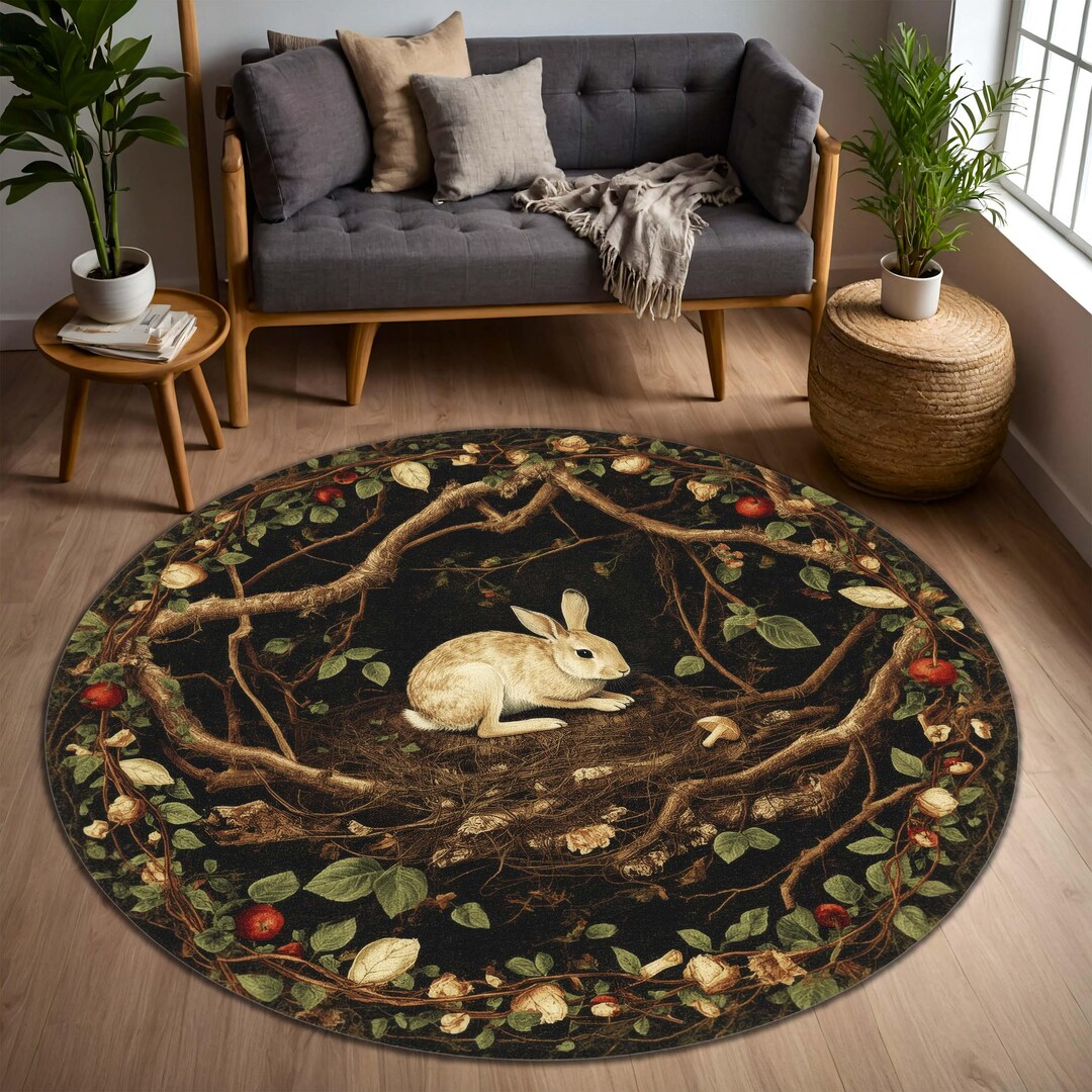 Cottagecore Bunny Round Rug, Woodland Rabbit Nest Circle Area Rug, Dark ...