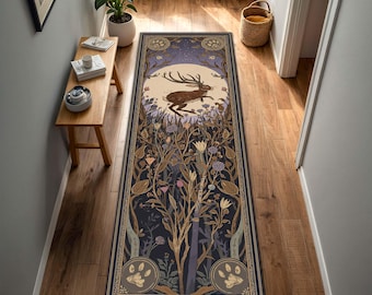 Jackalope Runner Rug, Antlered Rabbit Hallway Carpet, Art Nouveau Wildflower Midnight Forest Long Rug for Entryway Kitchen Decor Gift