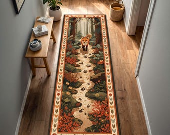 Fox Forest Runner Rug, Woodland Autumn Hallway Carpet with Paw Prints, Cozy Cottagecore Entryway Floor Mat, Nature Decor, Housewarming Gift