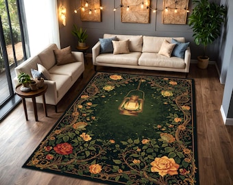 Dark Green Vintage Floral Rug with Lantern Center, Cottagecore Botanical Area Rug, Gothic Garden Decor, Living Room Bedroom Carpet Soft