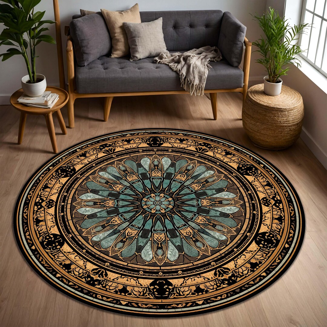 Cathedral Rug Stained Glass Gothic Cathedral Round Rug, Teal Gold Rose Window Mandala ...