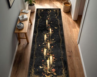 Gothic Celestial Long Runner Rug, Black & Gold Moon Stars Candle Rose Hallway Rug, Witchy Victorian Entryway Decor, Non Slip Floor Mat