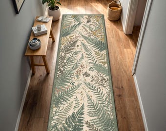 Fern Botanical Runner Rug, Sage Green Hallway Carpet, Vintage Woodland Floor Mat, Cottagecore Entryway Kitchen Home Decor Rug Accent