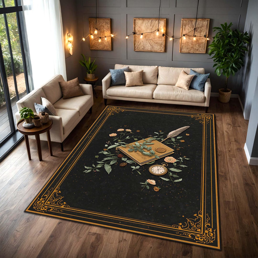 Gothic Rug For Library Dark Academia Gothic Rug, Vintage Book & Quill Botanical Floor Mat ...