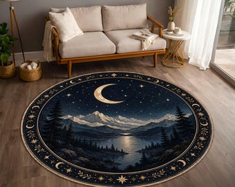 Celestial Mountain Round Rug, Moon and Stars Area Carpet, Night Sky Lake Floor Decor, Gothic Forest Rug, Dark Academia Home Accent