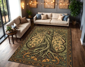 Tree of Life Forest Rug, Celtic Medieval Tapestry Carpet, Dark Academia Cottagecore Botanical Area Rug for Living Room Bedroom Decor
