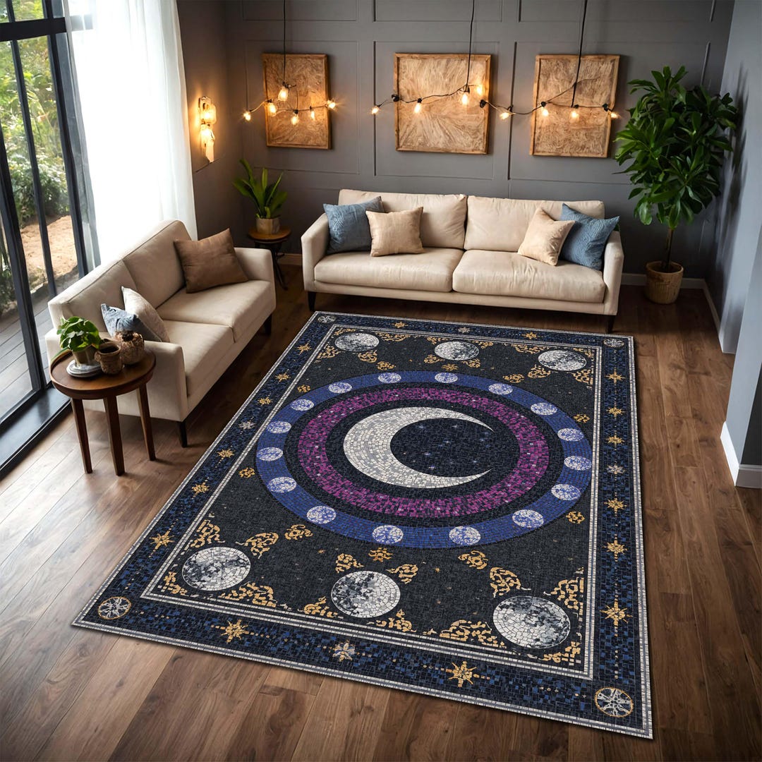 Moon Face Rug Celestial Moon Phase Rug Navy Blue, Mosaic Crescent Carpet, Astrology ...