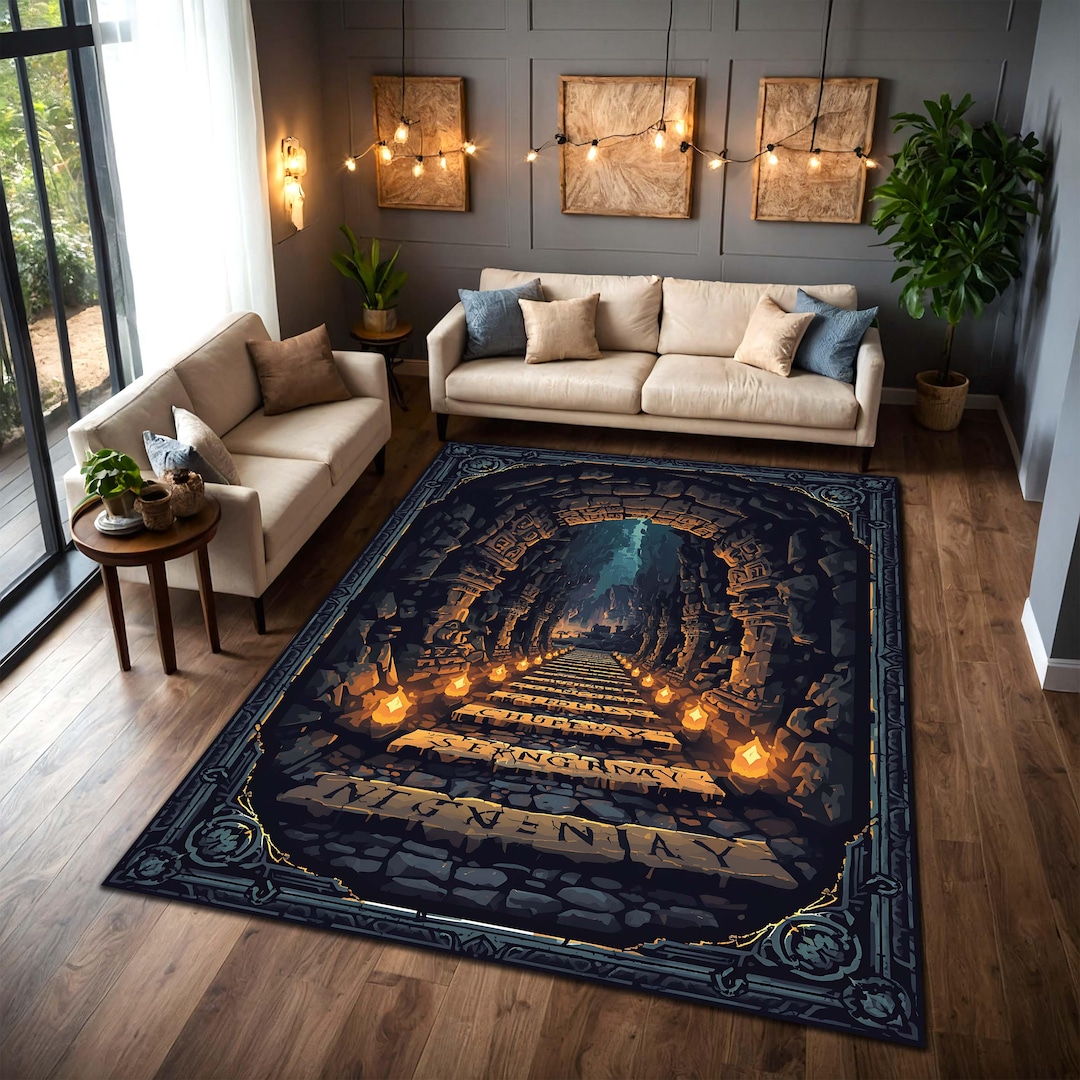 Dnd Red Rug Dark Fantasy Dungeon Rug, Torchlit Cave Staircase Carpet, Medieval ...