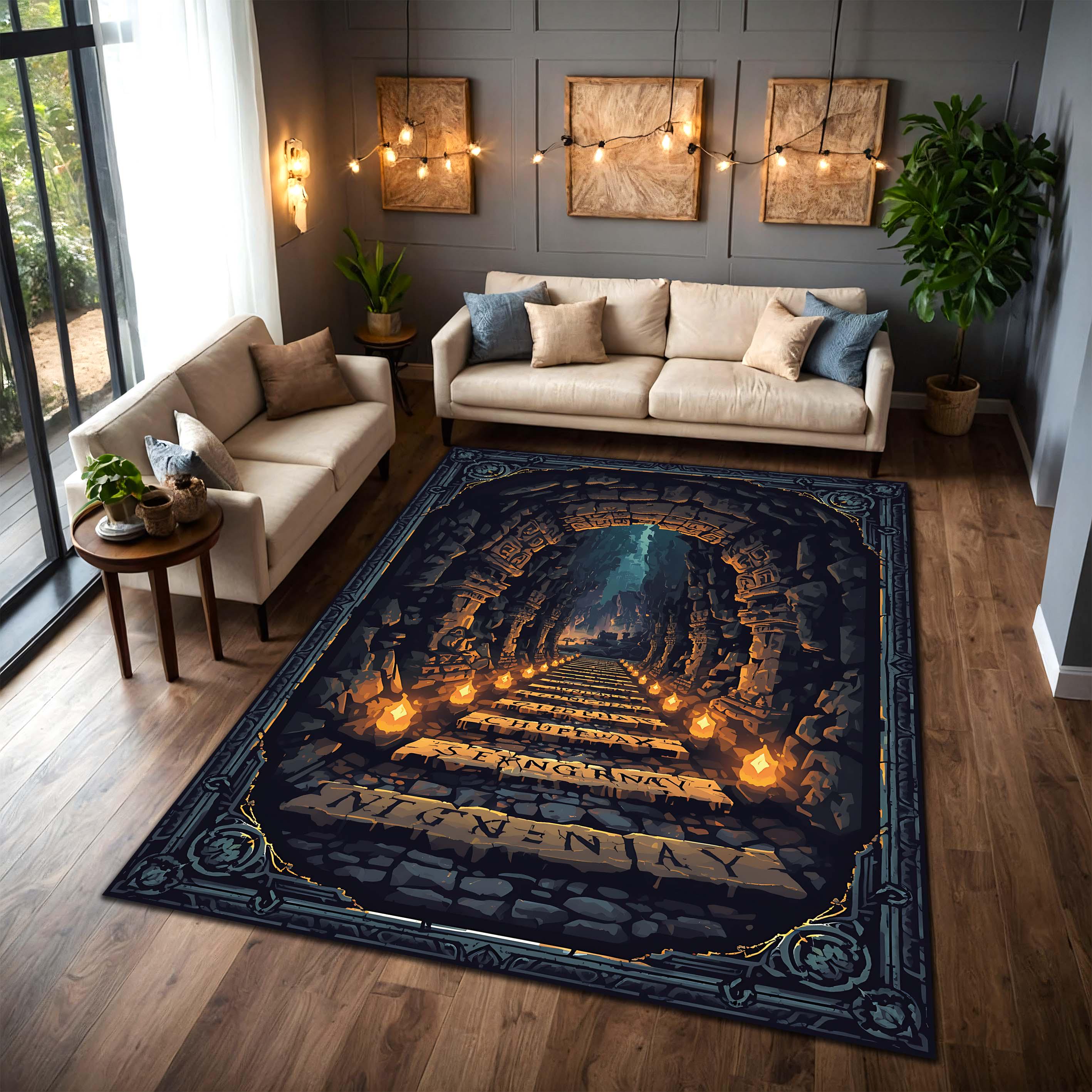 Dark Fantasy Dungeon Rug, Torchlit Cave Staircase Carpet, Medieval Ruins Adventure Decor, DnD Gamer Room, Gothic Crypt Portal Area Rug