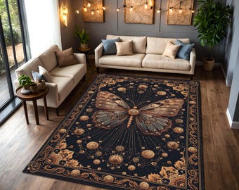 Steampunk Butterfly Area Rug, Navy Gold Celestial Moth Carpet, Vintage Gothic Boho Floor Mat, Non Slip Decor for Living Room Bedroom