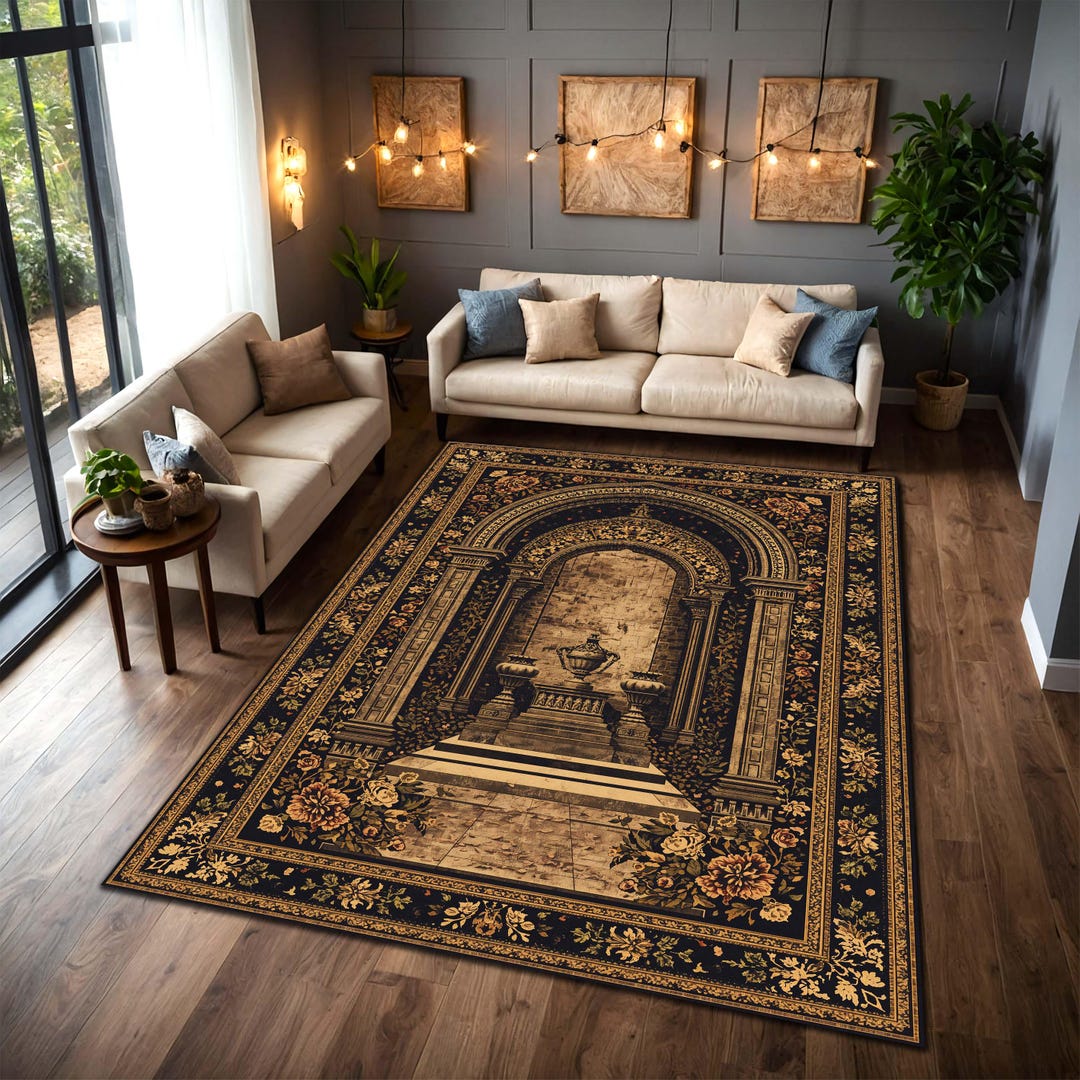 Baroque Archway Area Rug, Vintage Palace Entrance Carpet in Black Gold ...