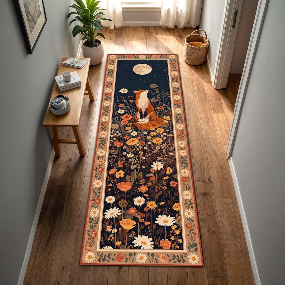 Fox Under Moon Floral Runner Rug, Boho Cottagecore Hallway Mat, Navy ...