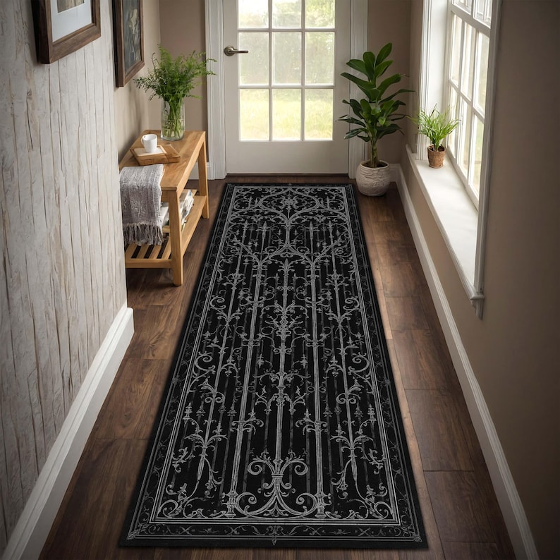 Gothic Iron Gate Runner Rug, Black Victorian Baroque Hallway Runner ...