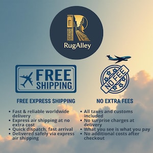 Puede incluir: Imagen con el logotipo de RugAlley, una escena callejera estilizada en un c&iacute;rculo. El texto incluye "ENV&Iacute;O GRATIS" y "SIN CARGOS ADICIONALES", con vi&ntilde;etas que detallan los beneficios de env&iacute;o y costo. Tambi&eacute;n hay un gr&aacute;fico de avi&oacute;n.