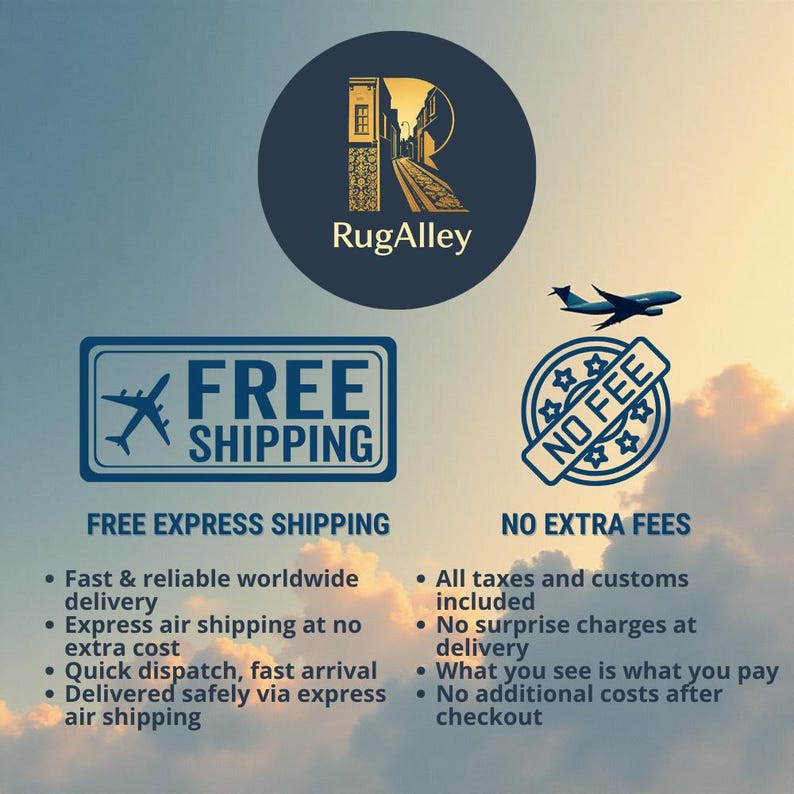 Puede incluir: Imagen con el logotipo de RugAlley, una escena callejera estilizada en un c&iacute;rculo. El texto incluye "ENV&Iacute;O GRATIS" y "SIN CARGOS ADICIONALES", con vi&ntilde;etas que detallan los beneficios de env&iacute;o y costo. Tambi&eacute;n hay un gr&aacute;fico de avi&oacute;n.