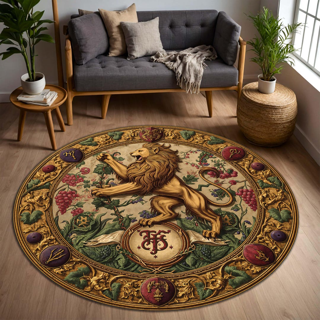 Colorful Rug Medieval Vintage Heraldic Lion Round Rug, Medieval Crest Botanical Tapestry ...