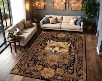 Vintage Fox Floral Rug, Black & Gold Woodland Animal Area Rug, Dark Academia Cottagecore Decor, Victorian Botanical Living Room Mat