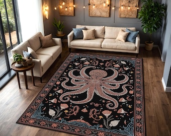 Octopus Area Rug, Coastal Gothic Living Room Decor, Nautical Ocean Floor Carpet, Dark Marine Accent Rug, Unique Sea Life Gift Art