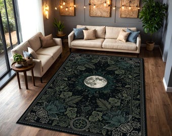 Celestial Moon Botanical Area Rug, Dark Green Black Forest Tapestry Carpet, Witchy Cottagecore Decor, Tarot Inspired Floor Mat, Non Slip