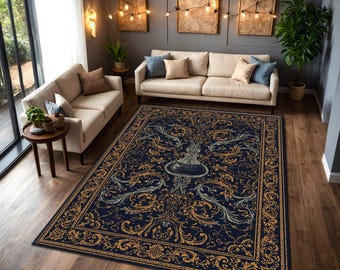 Navy Blue Gold Baroque Rug with Vintage Ink Bottle Center, Ornate Scrollwork Border Area Carpet for Study, Library, Living Room Decor