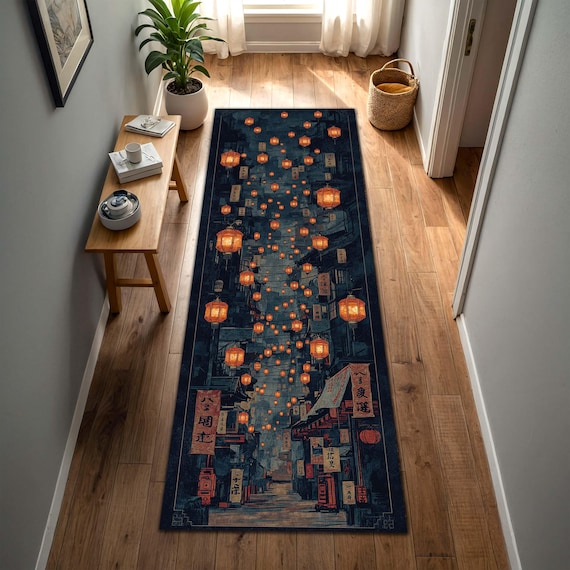 Japanese Lantern Street Hallway Runner Rug, Night Market Cityscape Carpet, Moody Dark Blue Asian Aesthetic Entryway Kitchen Runner Decor