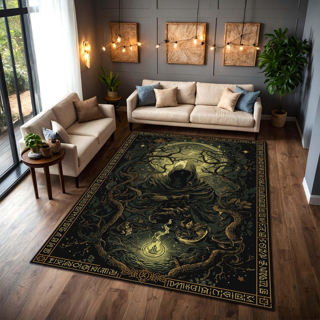 Dark Fantasy Area Rug, Gothic Hooded Figure Carpet, Occult Forest Floor ...