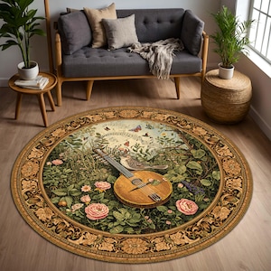 May include: Round area rug with a detailed floral and musical instrument design. The rug features a central image of a mandolin, a bird, and musical notes surrounded by flowers and butterflies. The border has a decorative floral pattern.