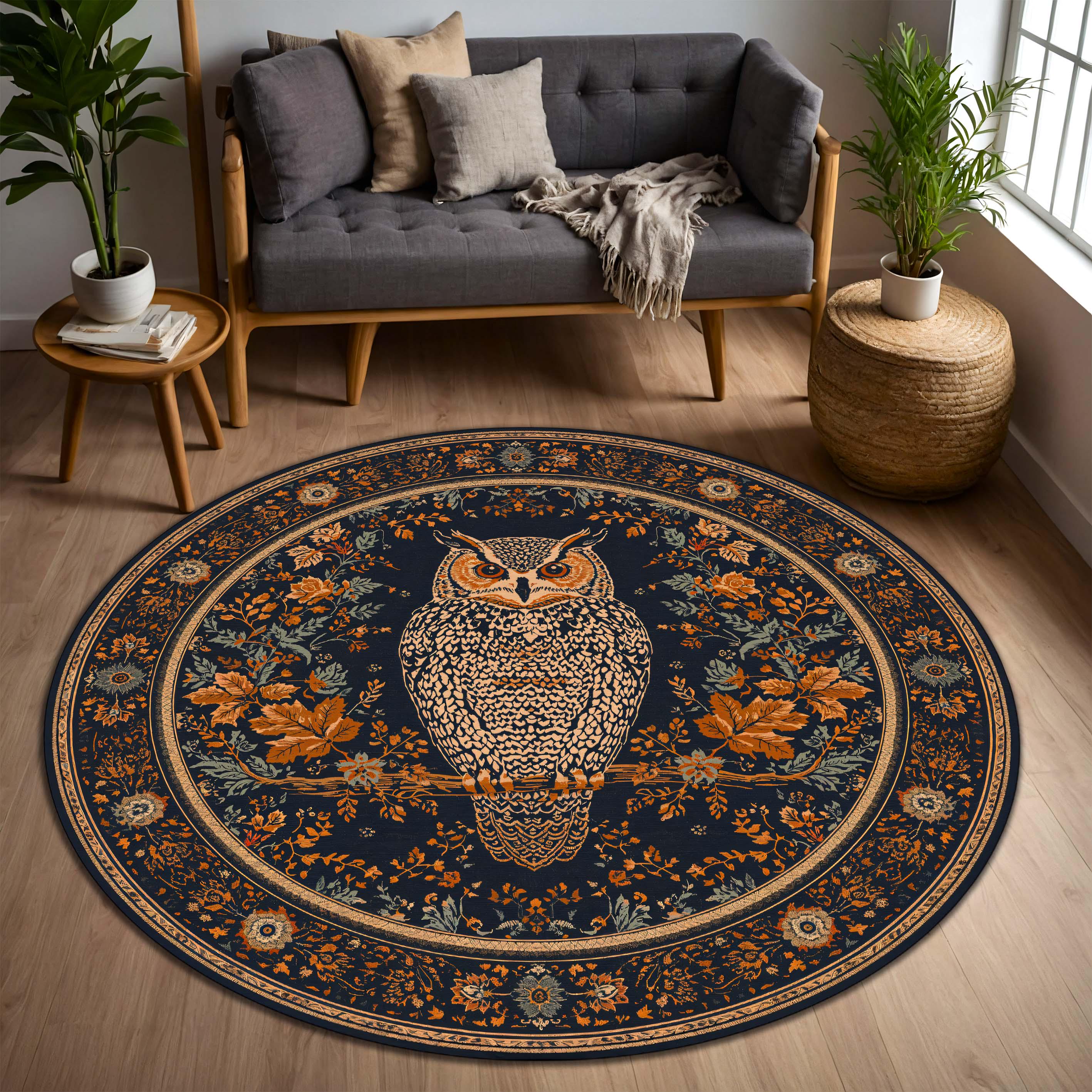 Round Owl Area Rug, Navy & Rust Floral Boho Carpet, Vintage Woodland Accent Mat for Living Room 