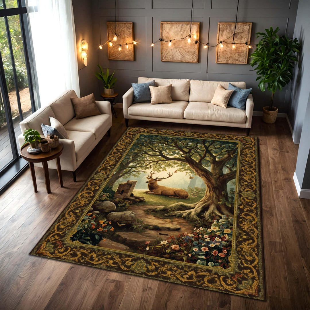 Hope Forest Rug Enchanted Forest Stag Area Rug, Cottagecore Woodland Tapestry Carpet ...