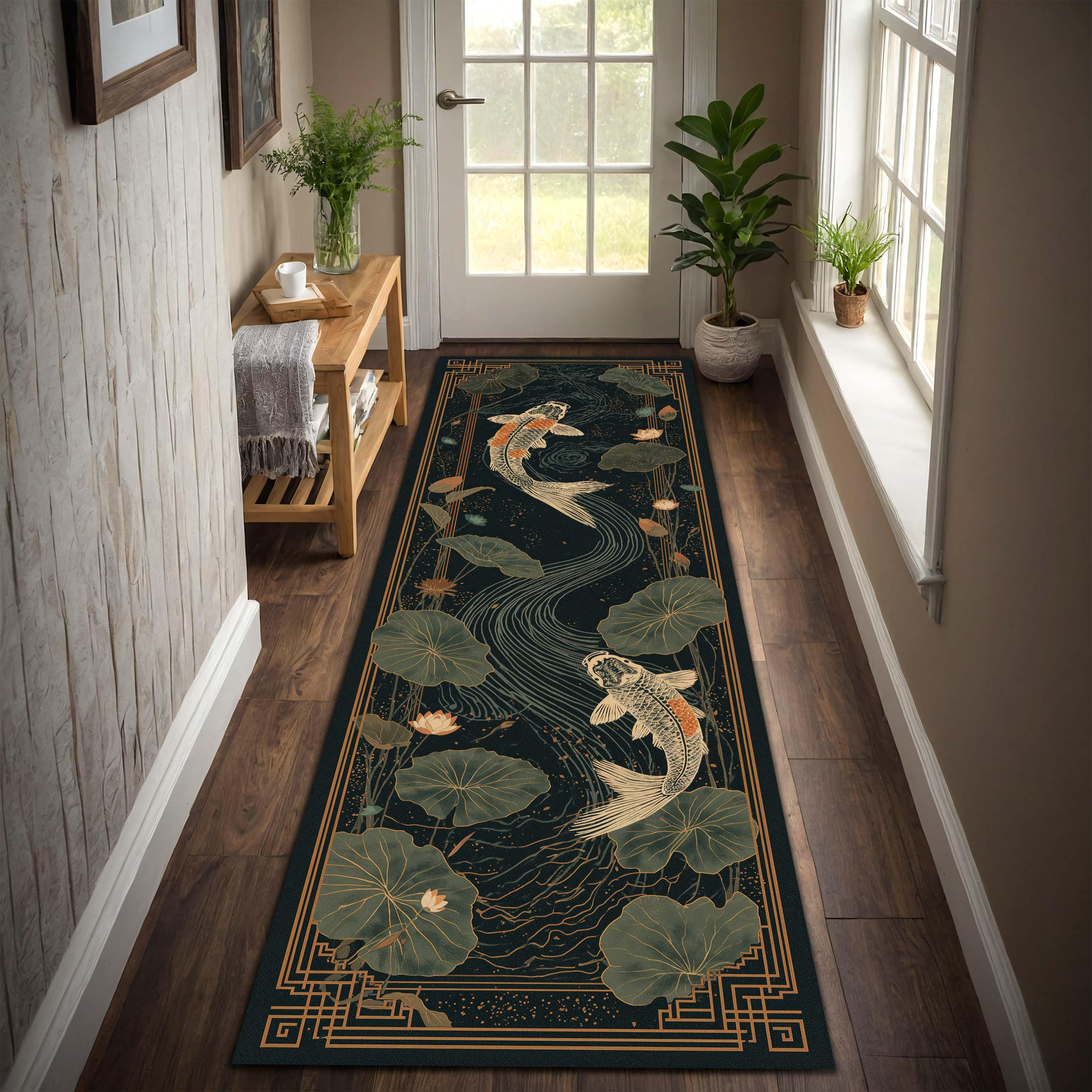 Koi Fish Lotus Runner Rug, Japanese Zen Pond Hallway Carpet, Dark Teal ...