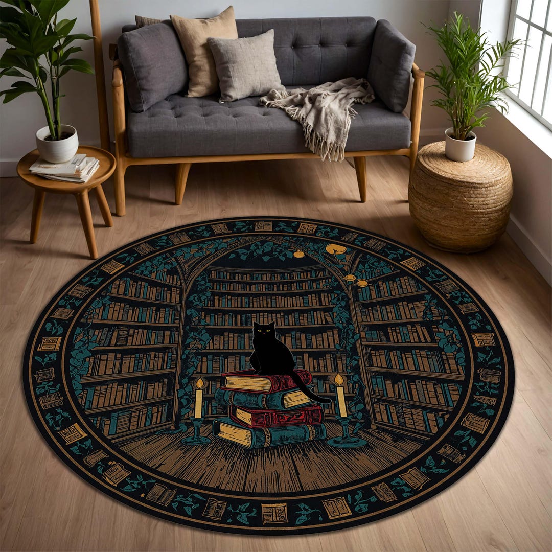 Library Rug Patern Dark Academia Library Round Rug, Black Cat Book Stack Carpet, Witchy ...