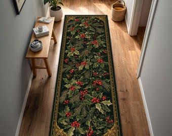Christmas Holly Berry Runner Rug, Evergreen Hallway Runner, Cottagecore Holiday Kitchen Entryway Carpet, Dark Green Gold Winter Farmhouse