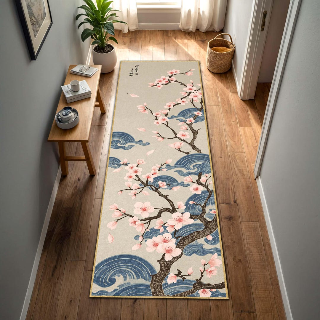 Japanese Rug Runner Japanese Sakura Hallway Runner Rug, Ukiyo-e Cherry Blossom & Blue Wave ...