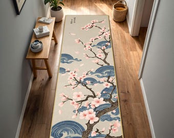 Japanischer Sakura Flurläufer, Ukiyo-e Kirschblüte & Blue Wave Design, Japandi Zen Wabi Sabi Eingangsbereich Küchenkorridorläufer