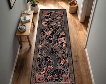 Marinblå blommig hallmatta, asiatiskinspirerad körsbärsblommatta, smal entrédekor, lång matta i vintagestil